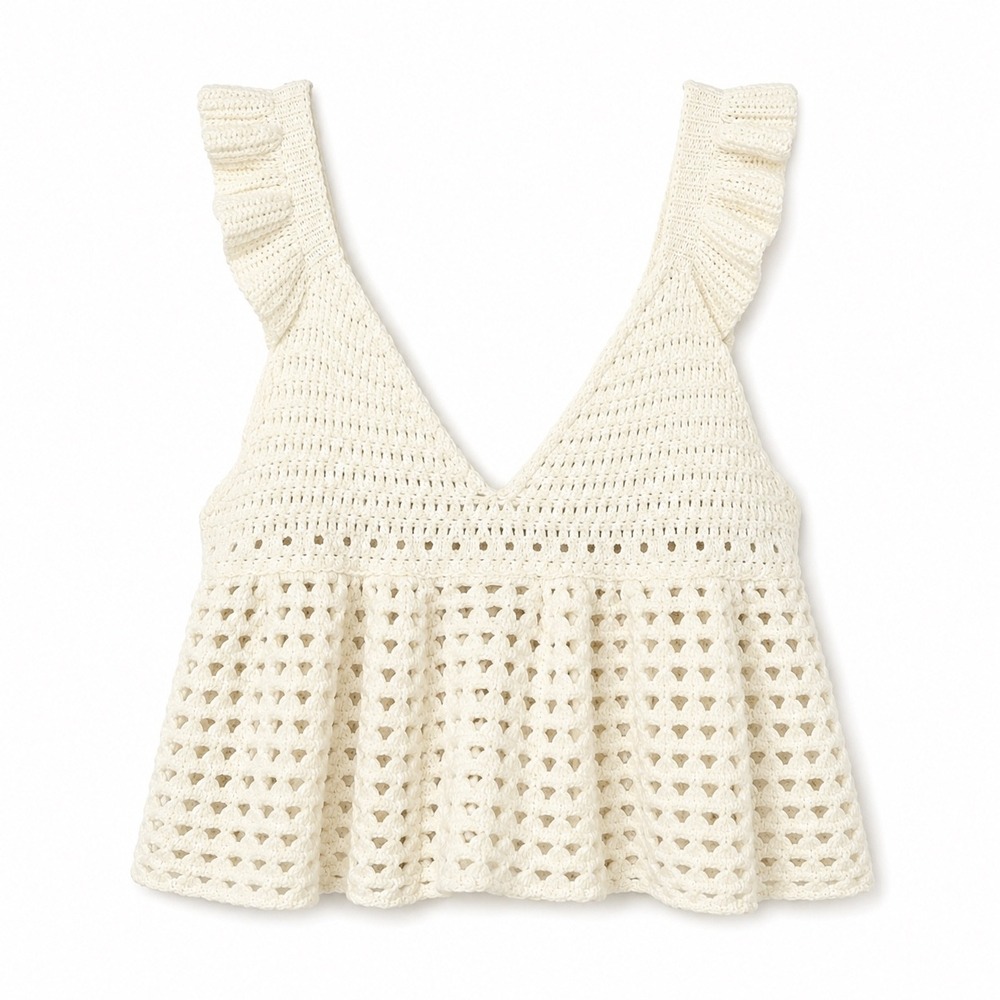 Crochet Tie Front Tank Top Cream Boho Festival Medium